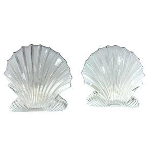 Vintage Blenko Art Glass Clear Scallop Clam Shell Bookends- Set of 2